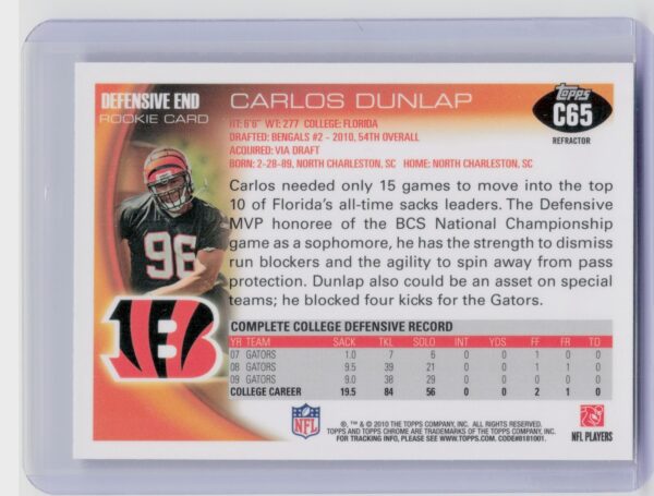 2010 Topps Chrome Carlos Dunlap Refractors #C65 Bengals - Image 3