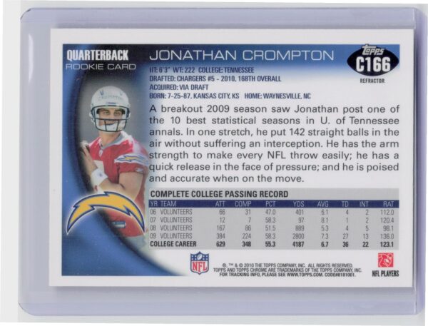 2010 Topps Chrome Jonathan Crompton Orange Refractors #C166 Chargers - Image 3