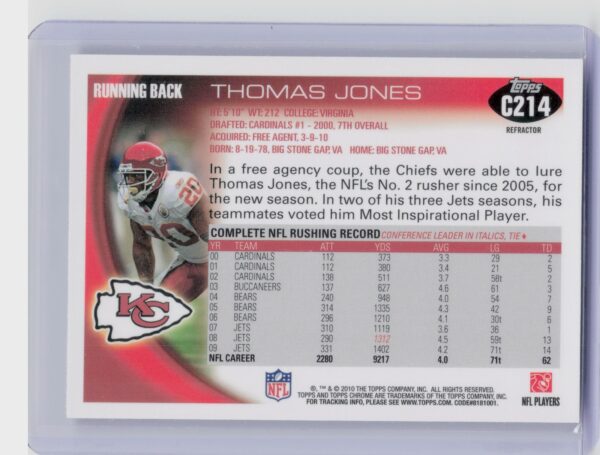 2010 Topps Chrome Thomas Jones Refractors #C214 Chiefs - Image 3