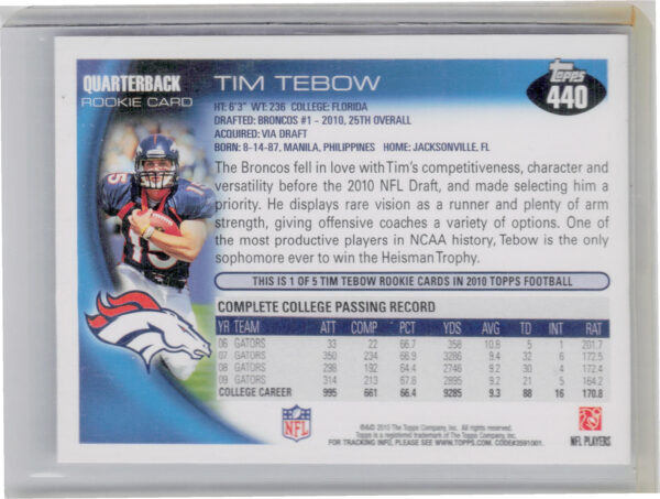 2010 Topps Tim Tebow RC #440 Broncos - Image 3