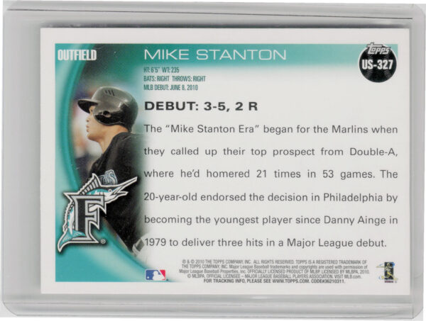 2010 Topps Update Mike Stanton #US-327 Marlins - Image 3