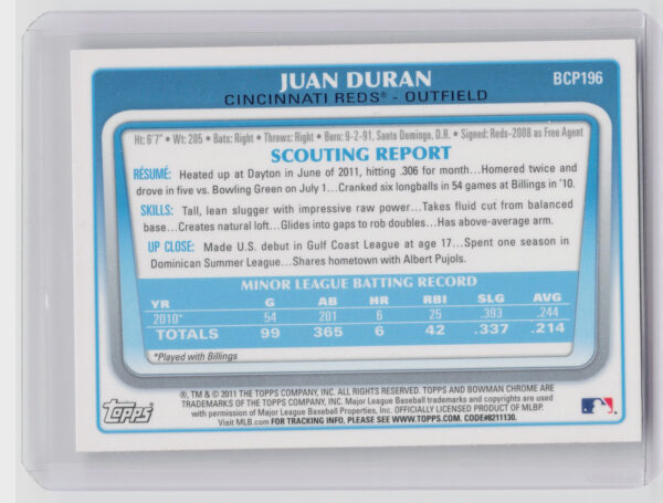 2011 Bowman Chrome Juan Duran #BCP196 Reds Prospects - Image 3
