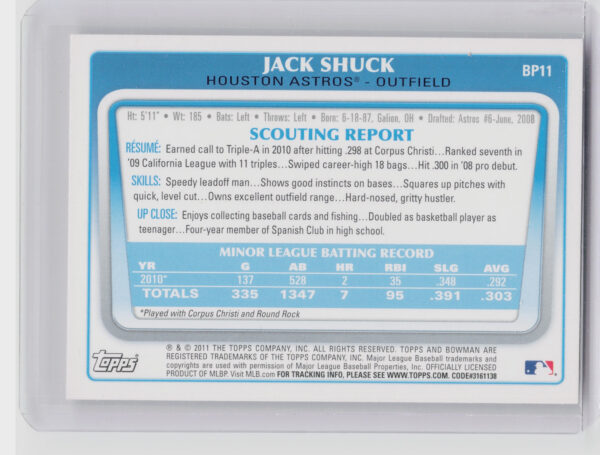 2011 Bowman Jack Shuck #BP11 Astros Prospects - Image 3