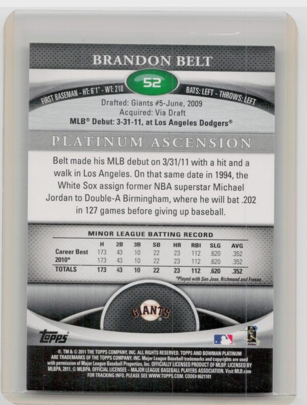 2011 Bowman Platinum Brandon Belt Emerald #52 Giants - Image 3