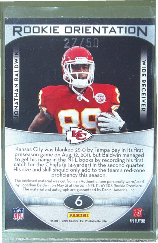 2011 Gridiron Gear Jonathan Baldwin Auto /50 JSY RC #6 Chiefs Rookie Orientation - Image 3