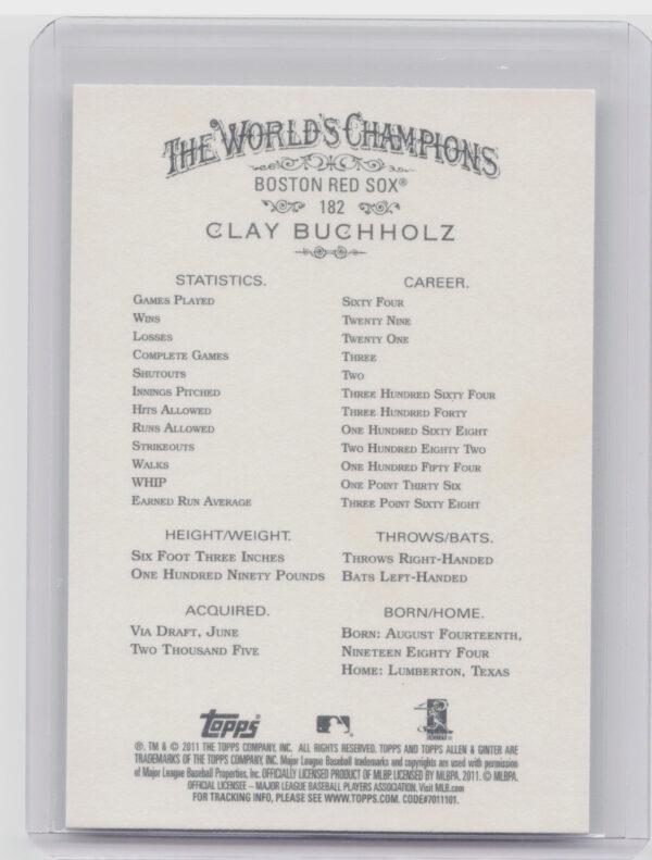2011 Topps Allen & Ginter Clay Buchholz #182 Sox - Image 3