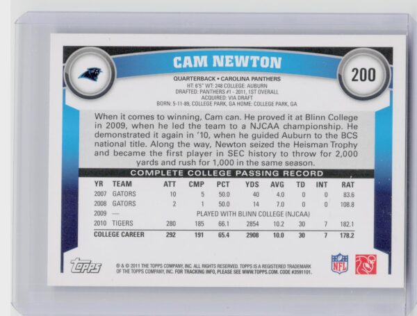 2011 Topps Cam Newton RC #200 Panthers - Image 3