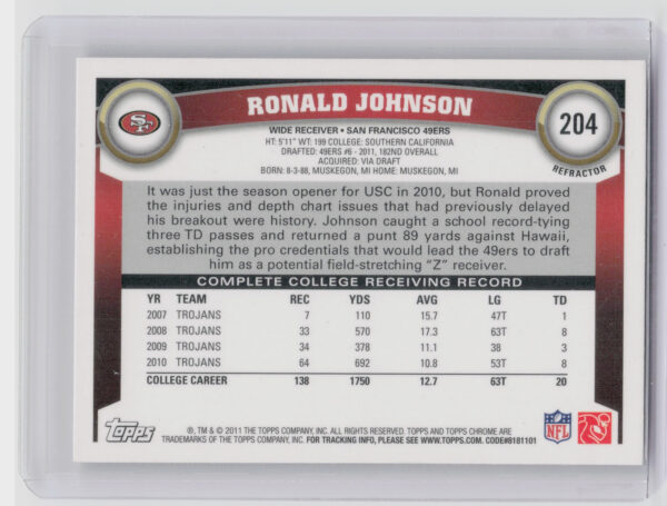 2011 Topps Chrome Ronald Johnson Refractors #204 49ers - Image 3