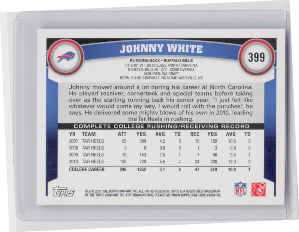 2011 Topps Johnny White RC #399 Bills - Image 3