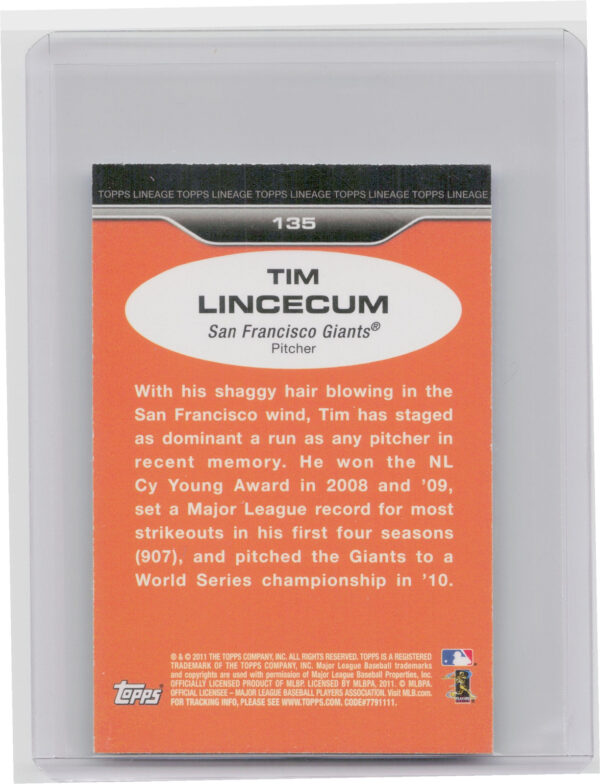 2011 Topps Lineage Tim Lincecum 1975 Mini #135 Giants - Image 3