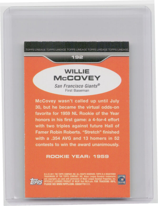 2011 Topps Lineage Willie McCovey 1975 Mini #192 Giants - Image 3