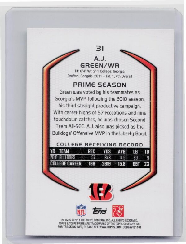 2011 Topps Prime A.J. Green Retail RC #31 Bengals - Image 3