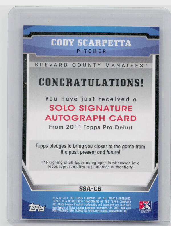 2011 Topps Pro Debut Cody Scarpetta AU #SSA-CS Manatees Solo Signatures - Image 3