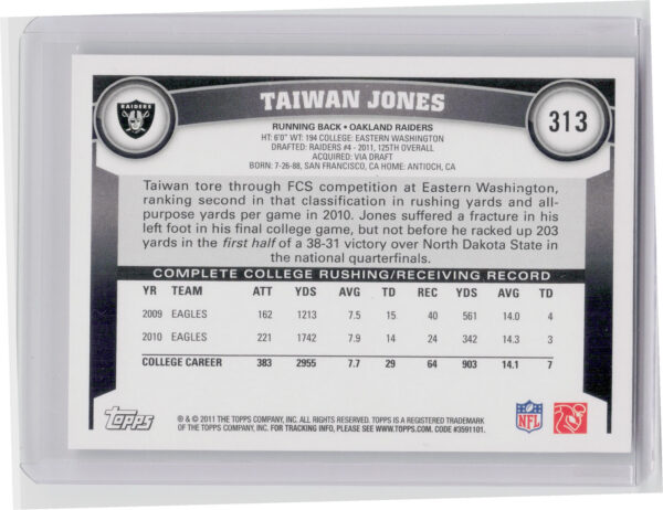 2011 Topps Taiwan Jones RC #313 Raiders - Image 3