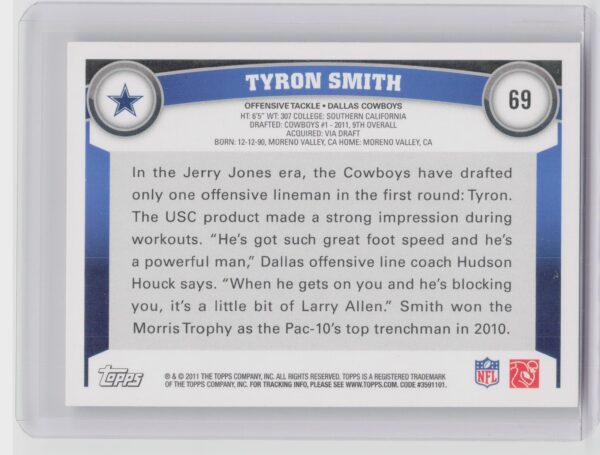 2011 Topps Tyron Smith Rookie RC #69 Cowboys - Image 3
