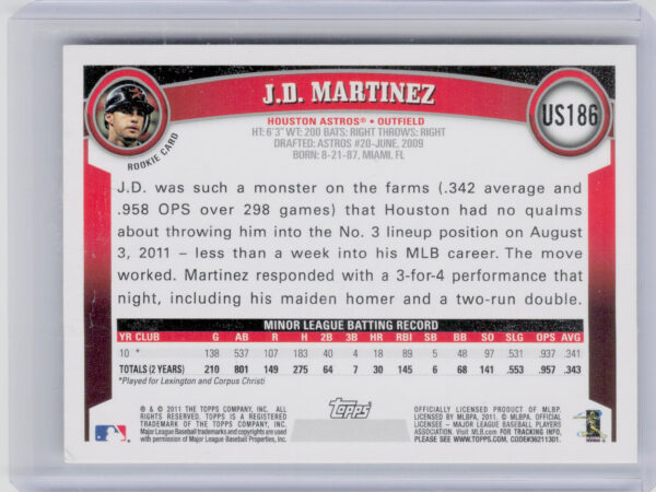 2011 Topps Update J.D. Martinez RC #US186 Astros - Image 3
