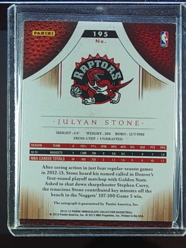 2012-13 Panini Immaculate Collection Julyan Stone AU RC SN99 #195 Raptors - Image 3
