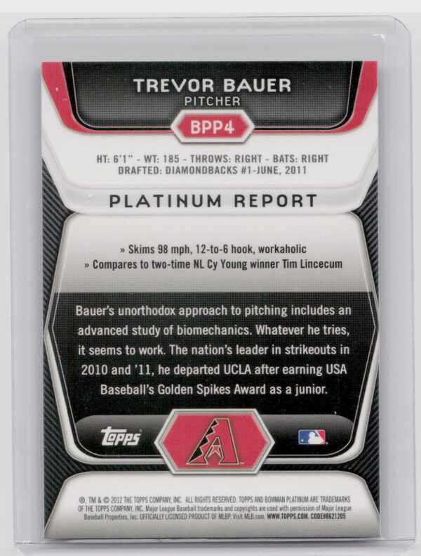 2012 Bowman Platinum Trevor Bauer #BPP4 Diamondbacks Prospects Purple Refractors - Image 3