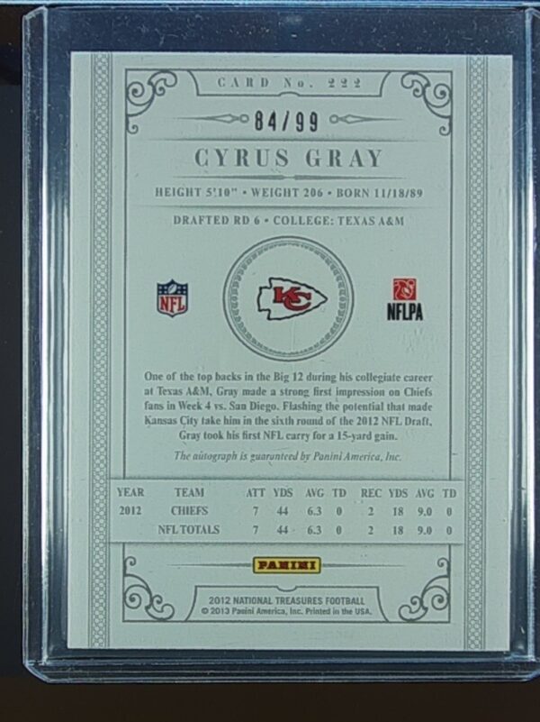 2012 NT Cyrus Gray AUTO RC /99 #222 Chiefs - Image 3
