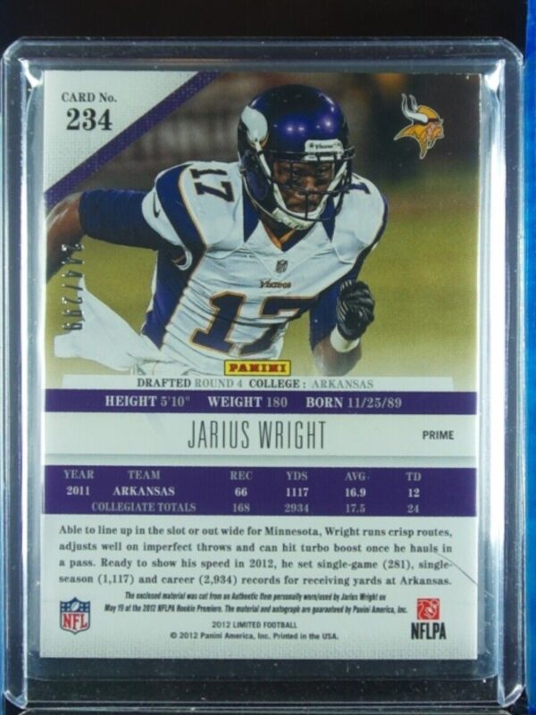 2012 Panini Limited Jarius Wright SN299 #234 Vikings Rookie Material Phenom Auto - Image 3