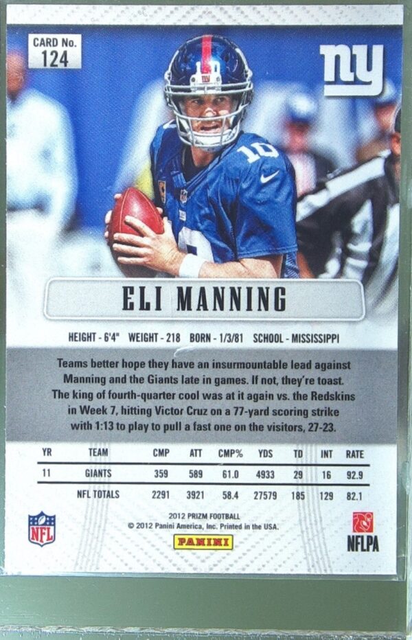 2012 Prizm Eli Manning #124 Giants - Image 3