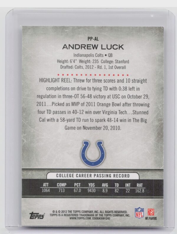 2012 Topps Andrew Luck Prolific Playmakers #PP-AL Colts - Image 3