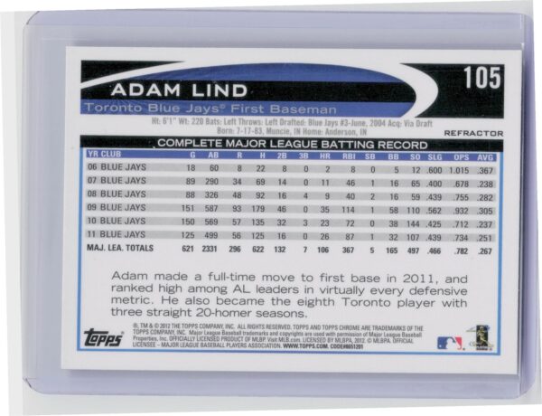 2012 Topps Chrome Adam Lind Refractors #105 Jays - Image 3