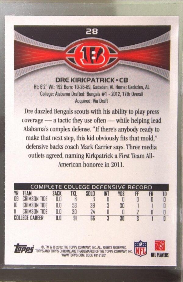 2012 Topps Chrome Dre Kirkpatrick RC #28 Bengals - Image 3