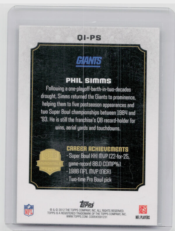 2012 Topps Phil Simms #QI-PS Giants QB Immortals - Image 3