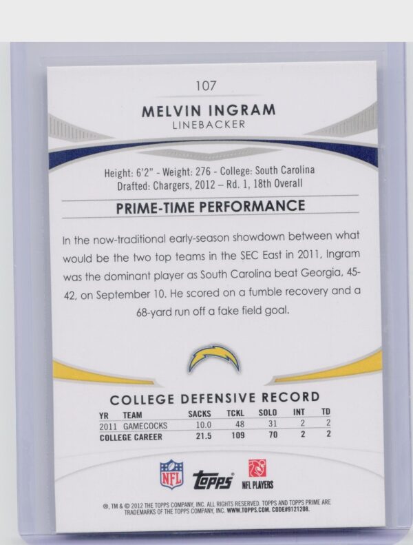 2012 Topps Prime Melvin Ingram RC #107 Chargers - Image 3