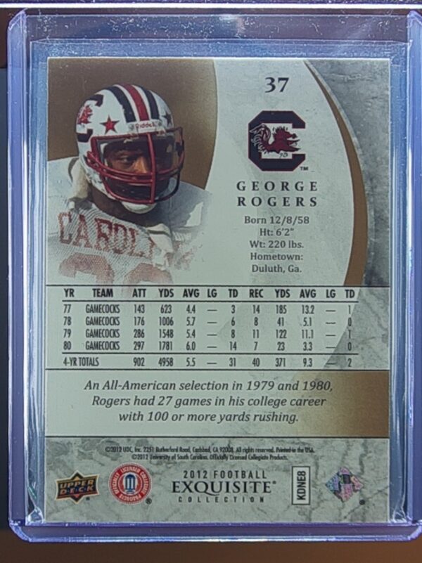 2012 Upper Deck Exquisite Collection George Rogers SN85 #37 Gamecocks - Image 3