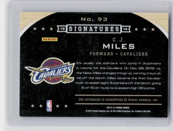 2013-14 Hoops C.J. Miles AU #93 Cavaliers Signatures - Image 3