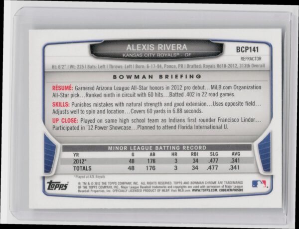 2013 Bowman Chrome Alexis Rivera #BCP141 Royals Prospects Green Refractors - Image 3