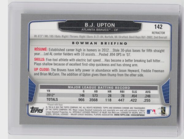 2013 Bowman Chrome B.J. Upton Green Refractors #142 Braves - Image 3