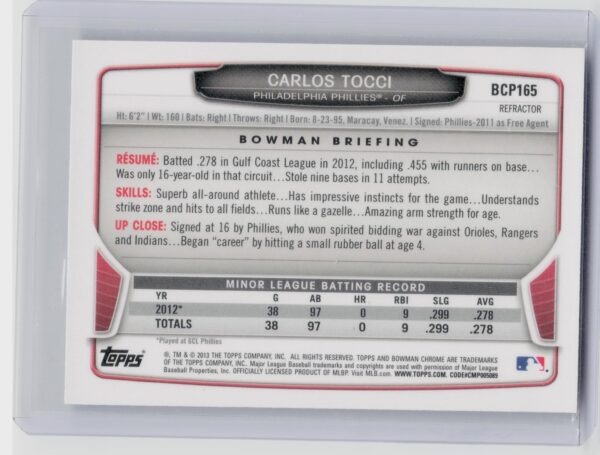 2013 Bowman Chrome Carlos Tocci #BCP165 Phillies Prospects Green Refractors - Image 3