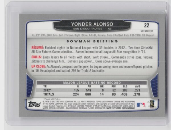 2013 Bowman Chrome Yonder Alonso Refractors #22 Padres - Image 3