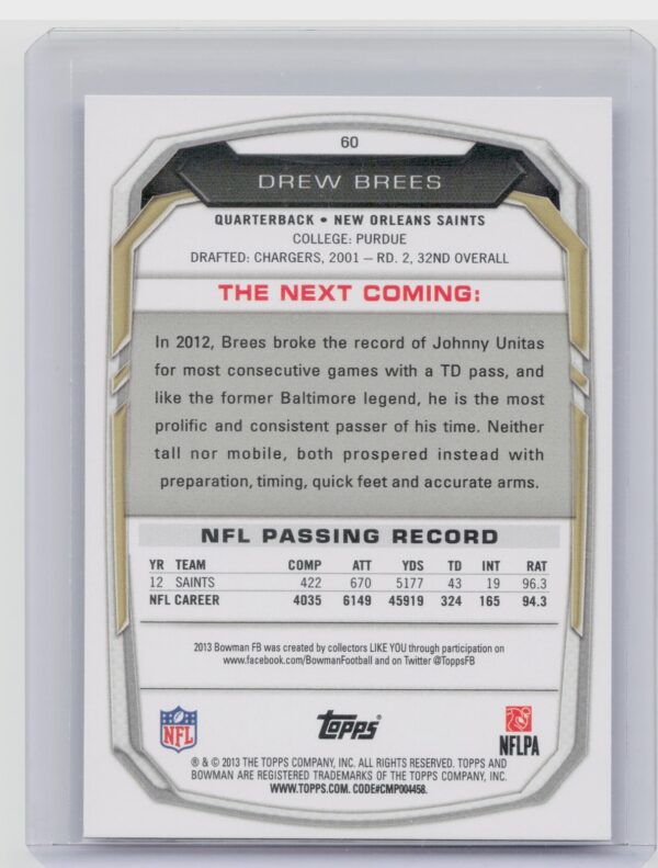 2013 Bowman Drew Brees Rainbow Purple #60 Saints - Image 3