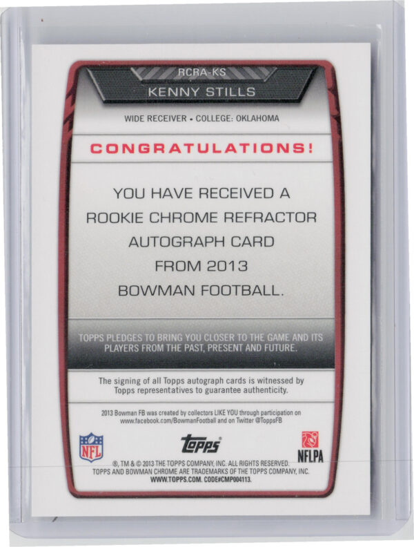 2013 Bowman Kenny Stills AU #RCRA-KS Sooners Chrome Rookie Autographs Refractors - Image 3