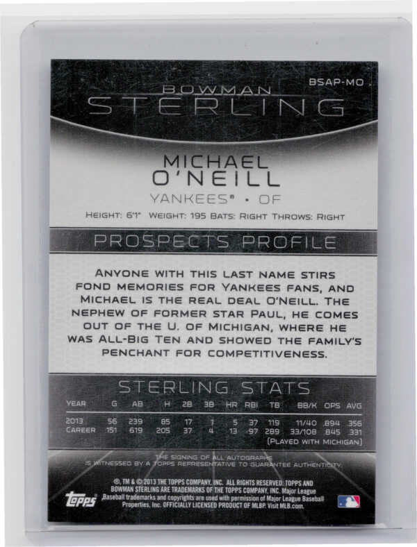 2013 Bowman Sterling Michael O'Neill AU #BSAP-MO Yankees Prospect Autographs - Image 3