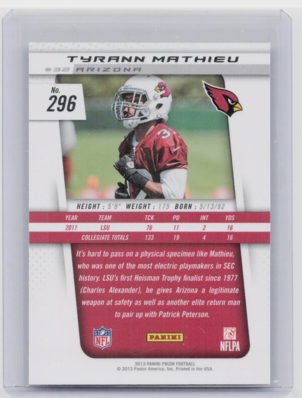 2013 Prizm Tyrann Mathieu RC #296 Cardinals - Image 3