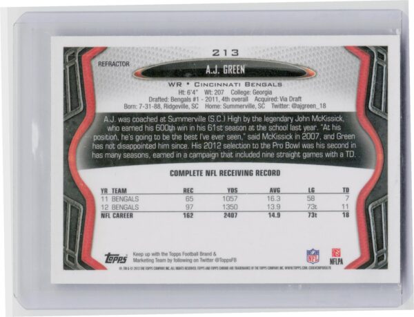 2013 Topps Chrome A.J. Green Xfractors #213 Bengals - Image 3