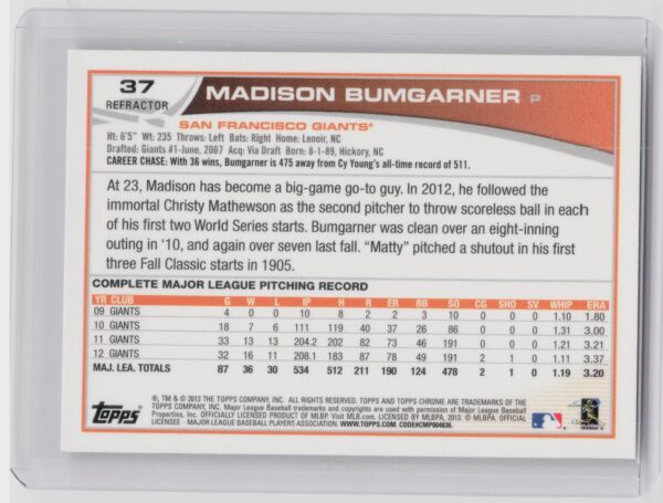 2013 Topps Chrome Madison Bumgarner Refractors #37 Giants - Image 3