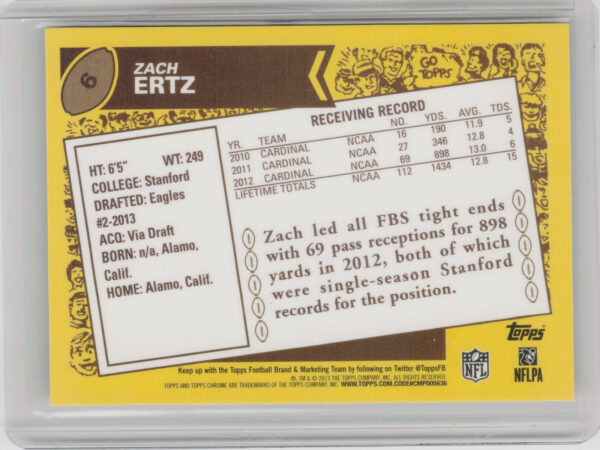 2013 Topps Chrome Zach Ertz #6 Eagles 1986 - Image 3