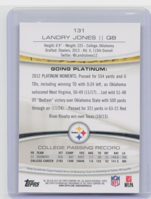 2013 Topps Platinum Landry Jones RC #131 Steelers - Image 3