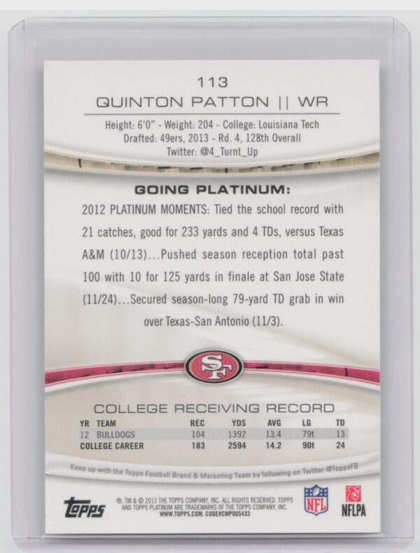 2013 Topps Platinum Quinton Patton RC #113 49ers - Image 3
