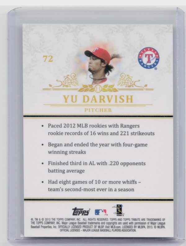 2013 Topps Tribute Yu Darvish #72 Rangers - Image 3