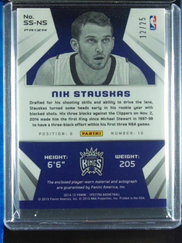 2014-15 Panini Spectra Nik Stauskas AU SN25 MEM #SS-NS Kings Spectacular Swatche - Image 3