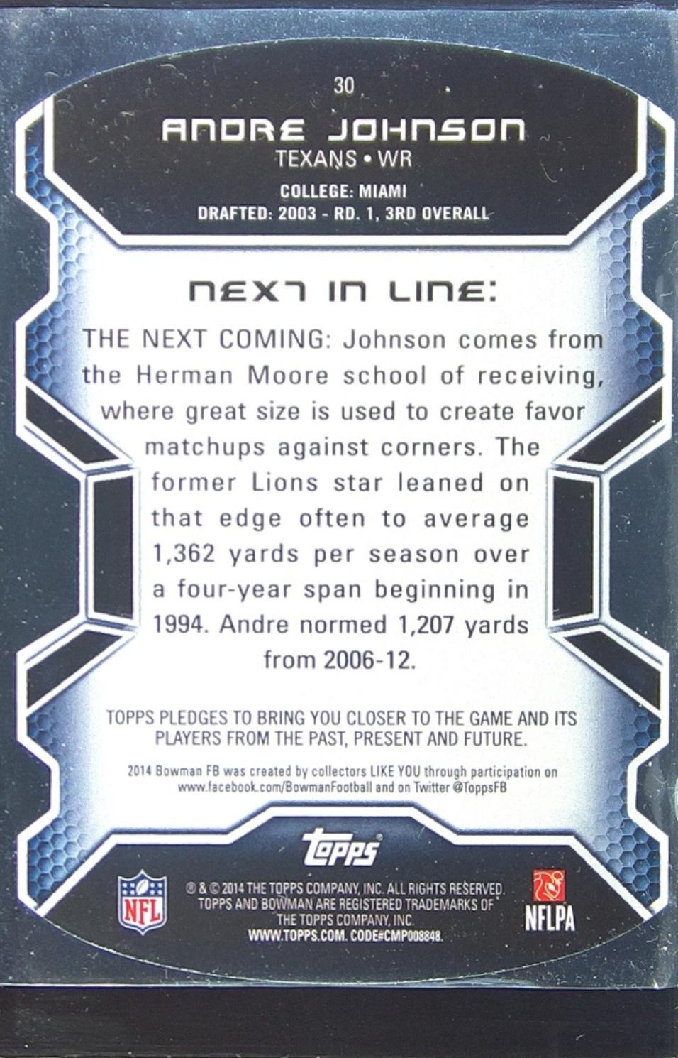 2014 Bowman Andre Johnson #30 Texans Die Cut - Image 3