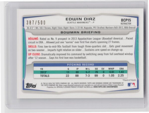 2014 Bowman Edwin Diaz /500 #BCP15 Mariners Chrome Prospects Refractors - Image 3
