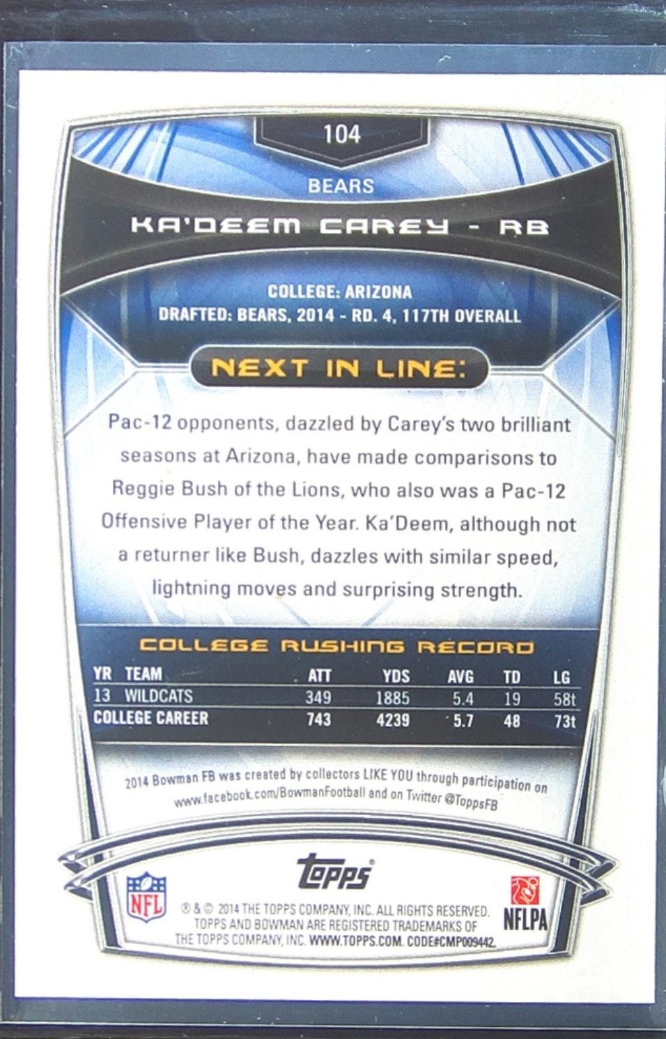 2014 Bowman Ka’Deem Carey Rookies Rainbow Black RC #104 Bears - Image 3